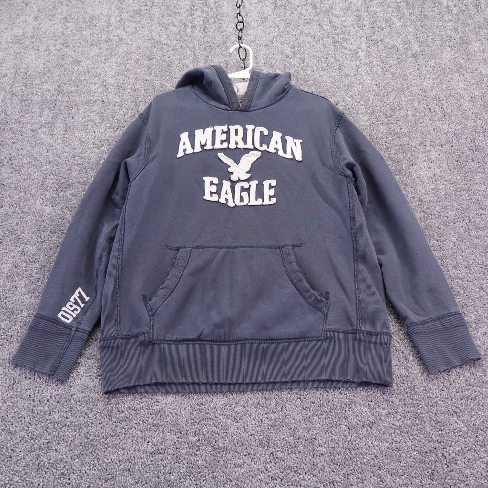 American Eagle Hoodie Mens Large Blue Graphic Pullover Long Sleeve Fleece